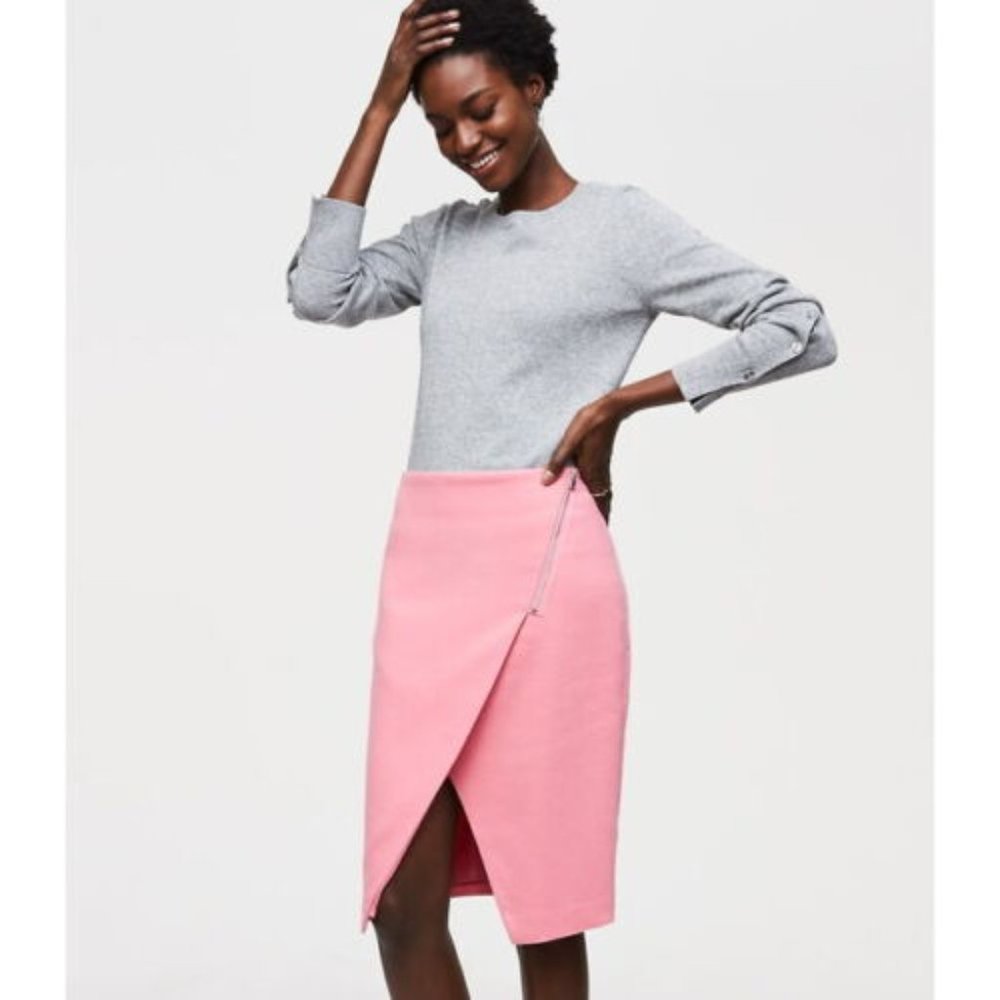 Loft Pink Wool Pencil Skirt - Asymmetrical Wrap w/zip detail